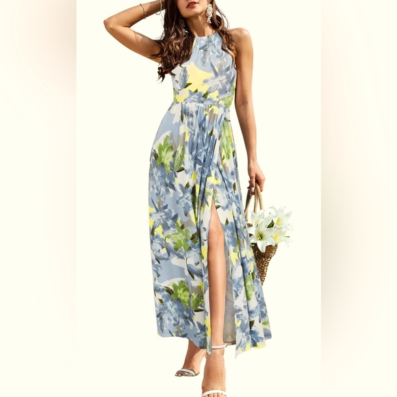 kilig Dresses & Skirts - NWT Blue, yellow and white cotton knit Halter Maxi Sundress. Size M
